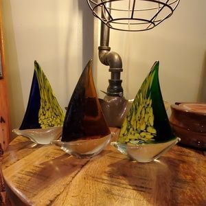 Trio of glass decor sailboats